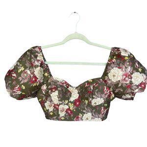 Forever 21 Floral Tapestry Crop Top Womens Small Puff Sleeve Sweetheart Cottage